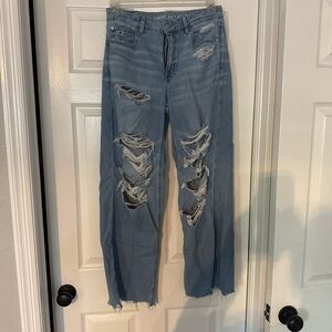 American Eagle Outfitters Women's Distressed Straight Jeans - Medium Blue